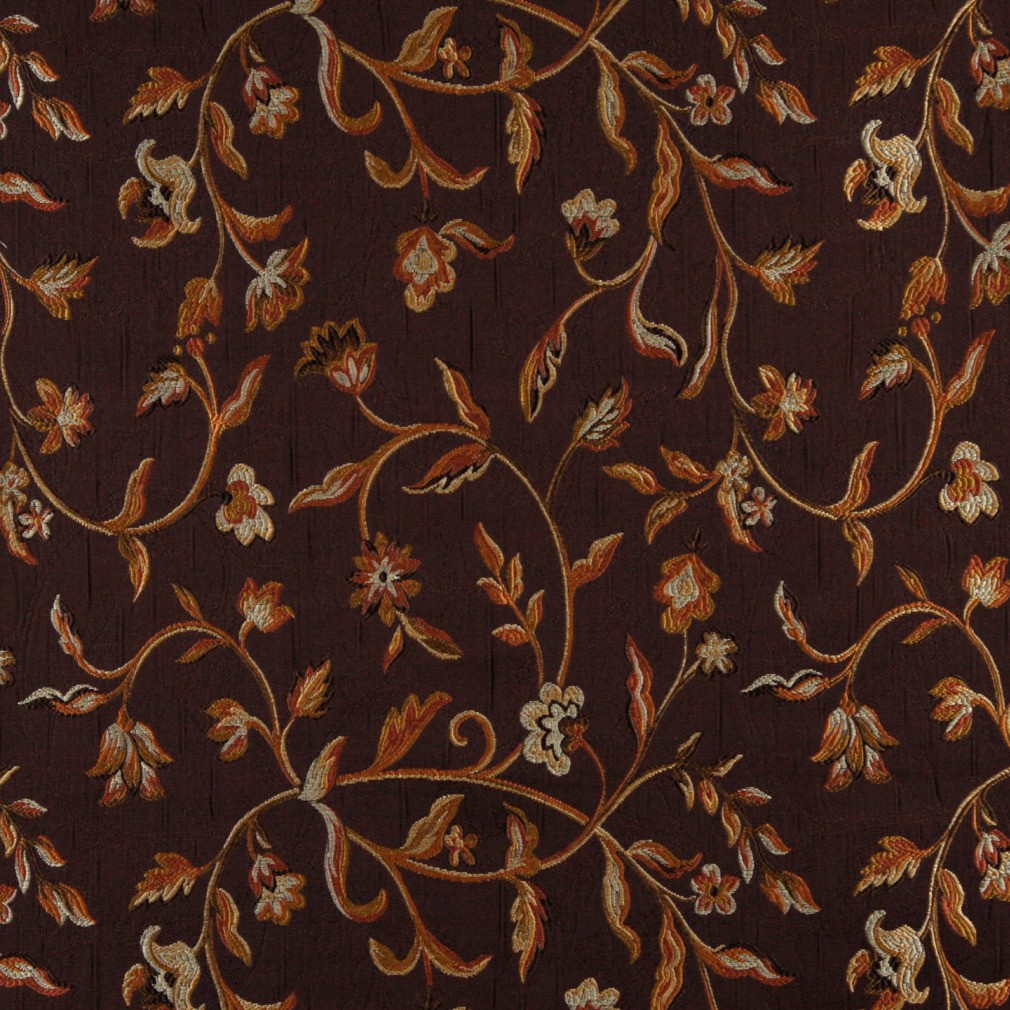 A0011B Brown, Gold, Persimmon And Ivory Floral Upholstery Fabric By The Yard 1