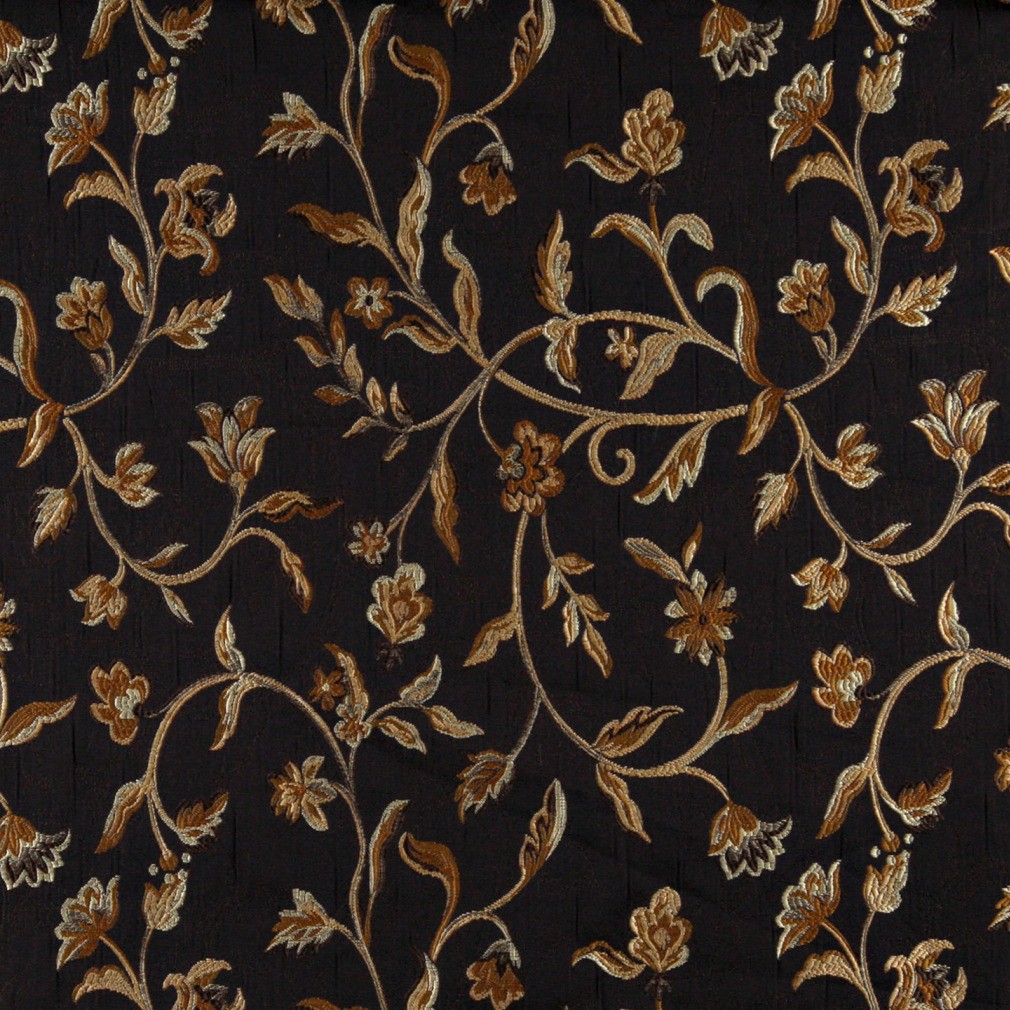 A0011C Midnight, Gold And Ivory Floral Brocade Upholstery Fabric By The Yard 1