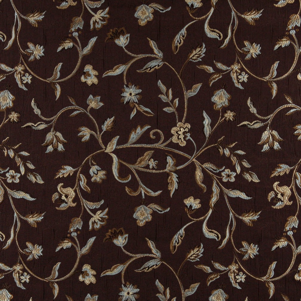 A0011F Brown, Light Blue, Gold And Ivory Floral Upholstery Fabric By The Yard 1