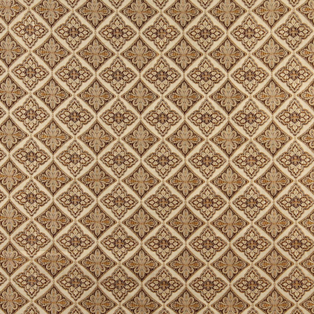 Beige, Gold, Brown And Ivory Diamond Brocade Upholstery Fabric By The Yard 1