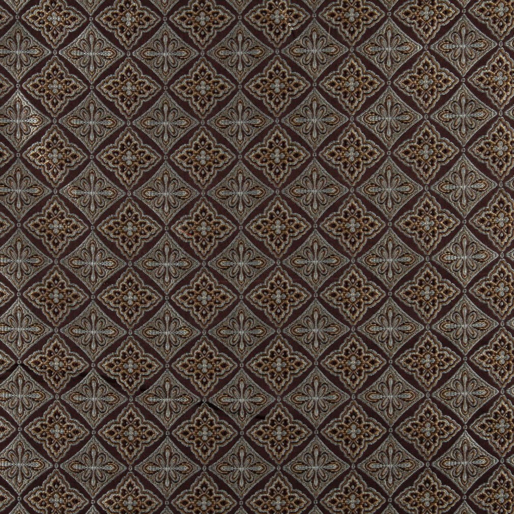 Brown, Light Blue, Gold And Ivory Diamond Brocade Upholstery Fabric By The Yard 1