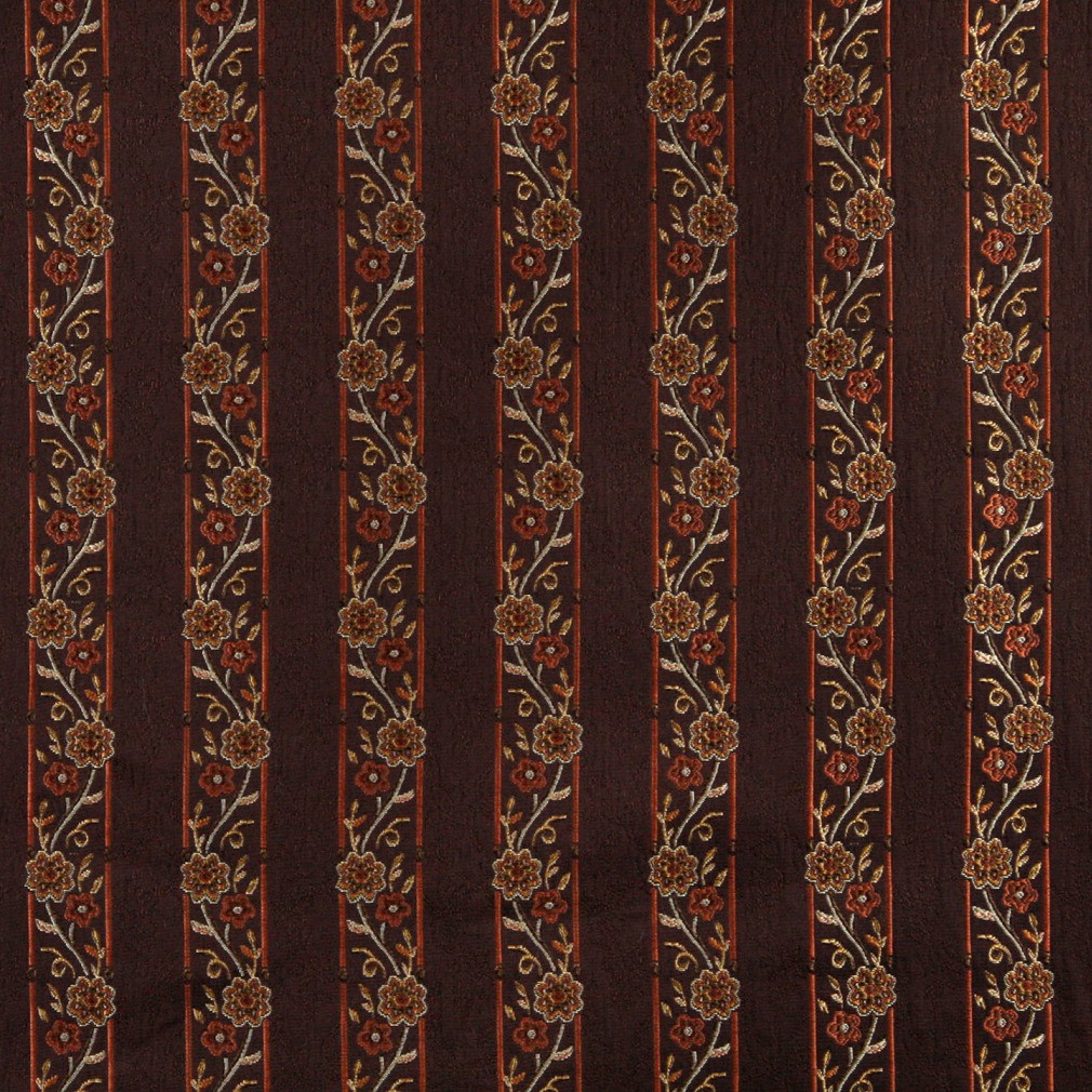 A0013B Brown, Gold, Persimmon And Ivory Floral Upholstery Fabric By The Yard 1