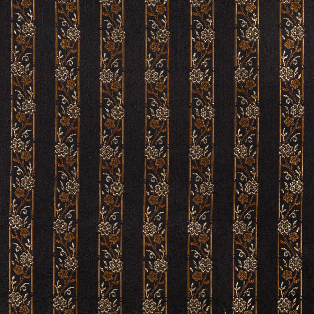 Midnight, Gold And Ivory Striped, Floral Brocade Upholstery Fabric By The Yard 1