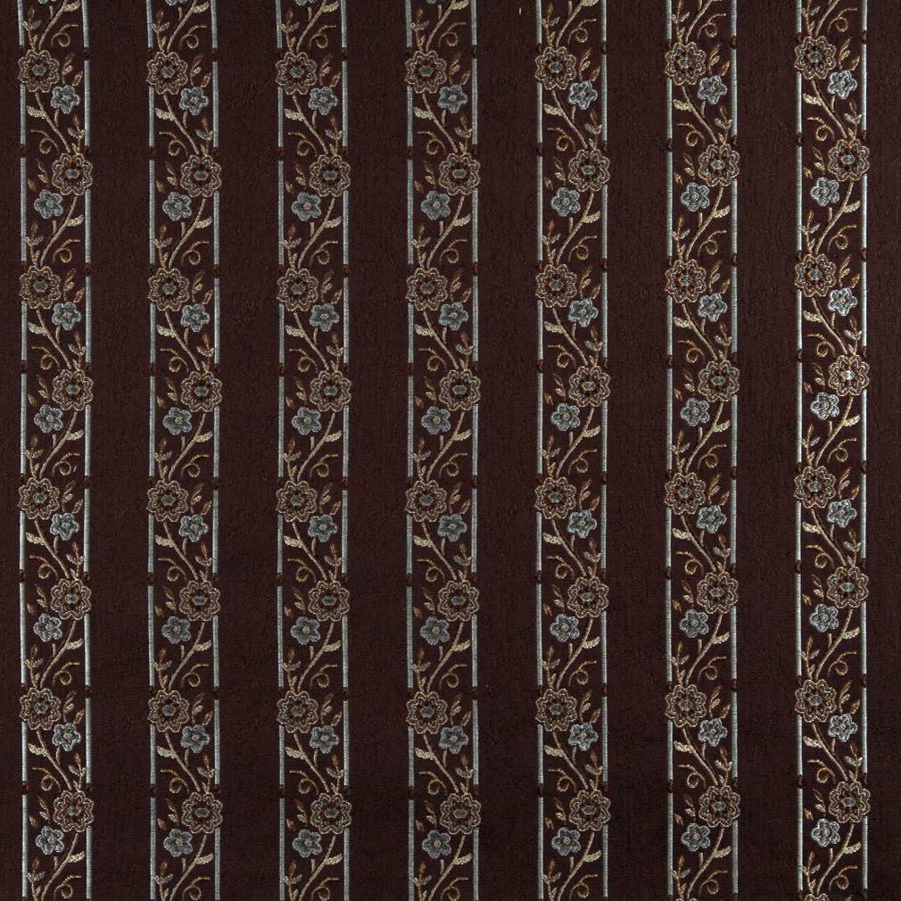 A0013F Brown, Light Blue, Gold And Ivory Floral Upholstery Fabric By The Yard 1