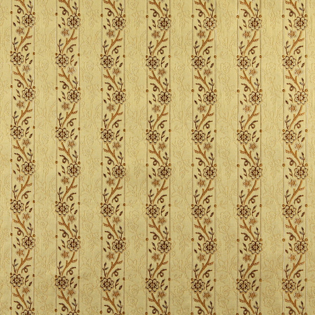 Gold, Brown And Ivory Striped, Floral Brocade Upholstery Fabric By The Yard 1