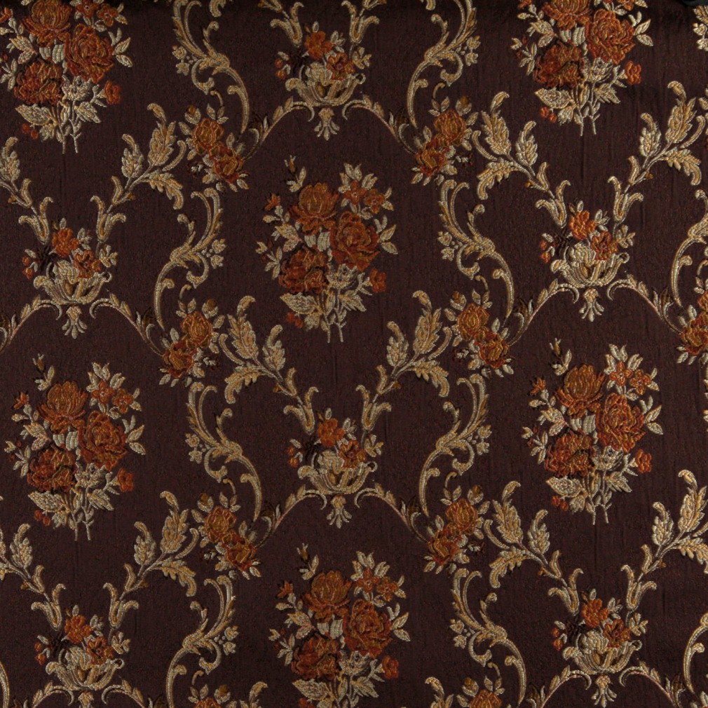 A0014B Brown, Gold, Persimmon And Ivory Floral Upholstery Fabric By The Yard 1