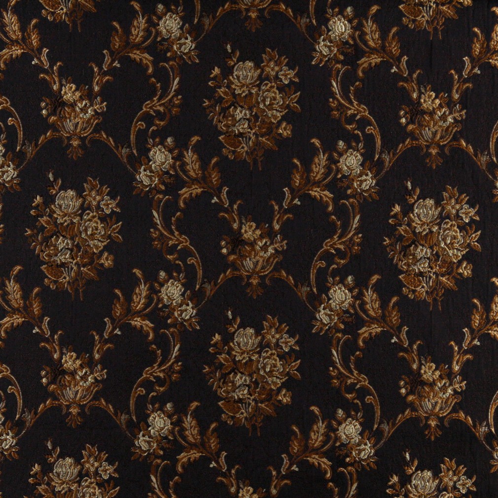 A0014C Midnight, Gold And Ivory Floral Brocade Upholstery Fabric By The Yard 1