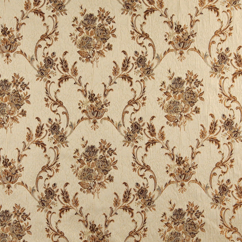 A0014E Beige, Gold, Brown And Ivory Floral Brocade Upholstery Fabric By The Yard 1