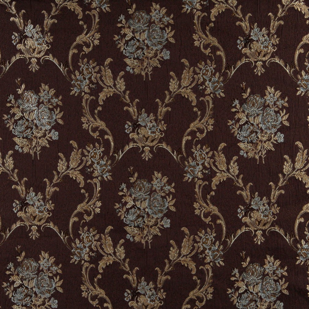 A0014F Brown, Light Blue, Gold And Ivory Floral Upholstery Fabric By The Yard 1