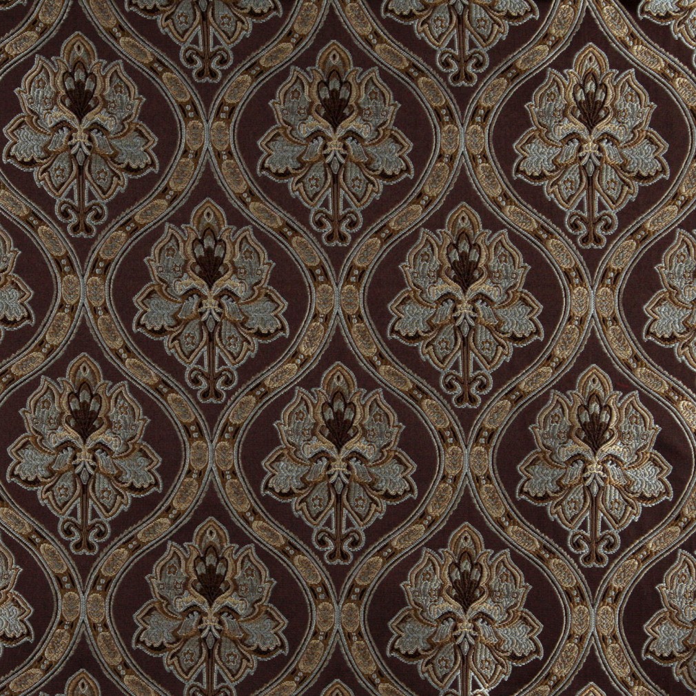 A0016F Brown, Light Blue, Gold And Ivory Brocade Upholstery Fabric By The Yard 1