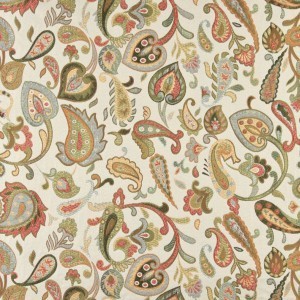 Green, Red, Yellow And Off White, Paisley Upholstery Fabric By The Yard