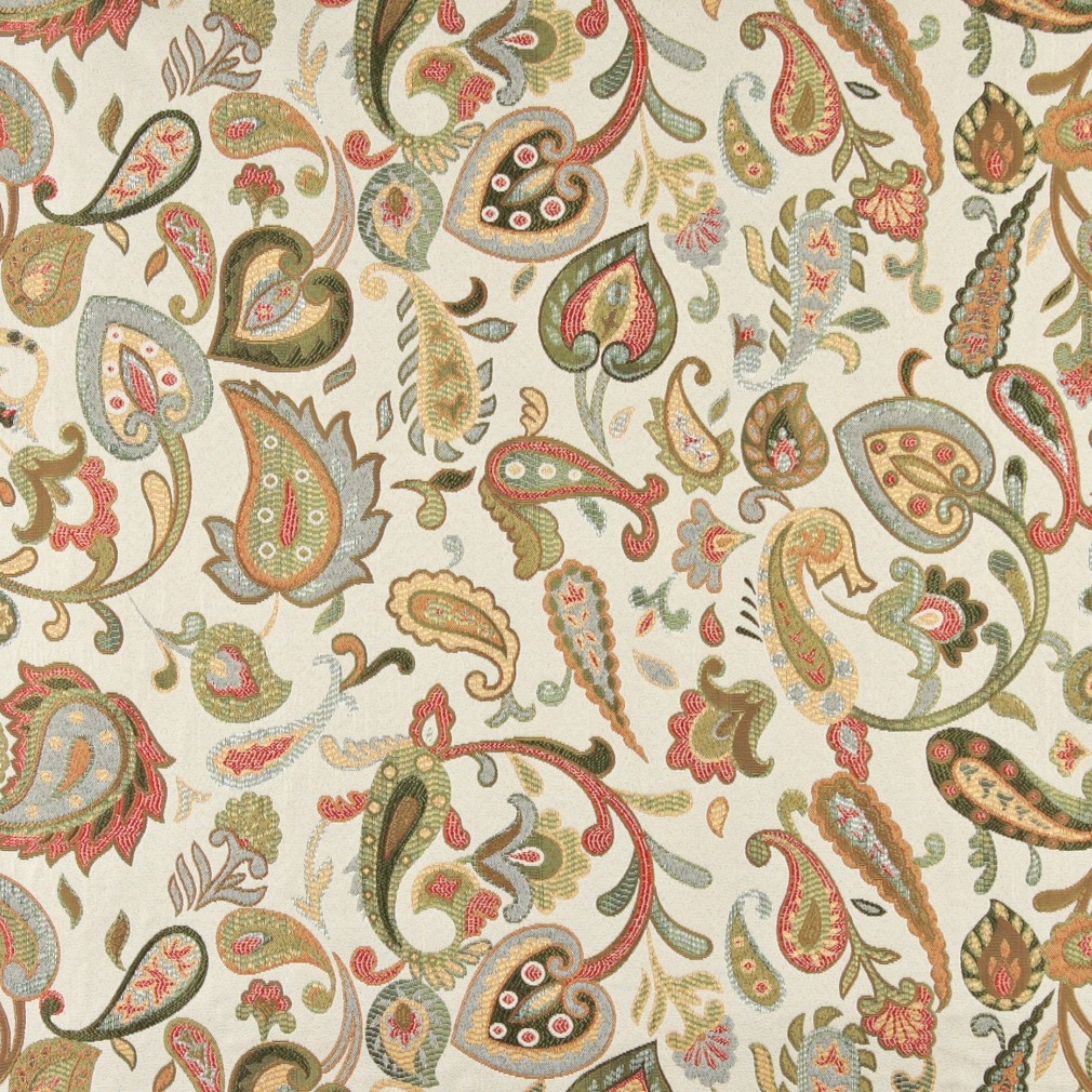 Green, Red, Yellow And Off White, Paisley Upholstery Fabric By The Yard 1