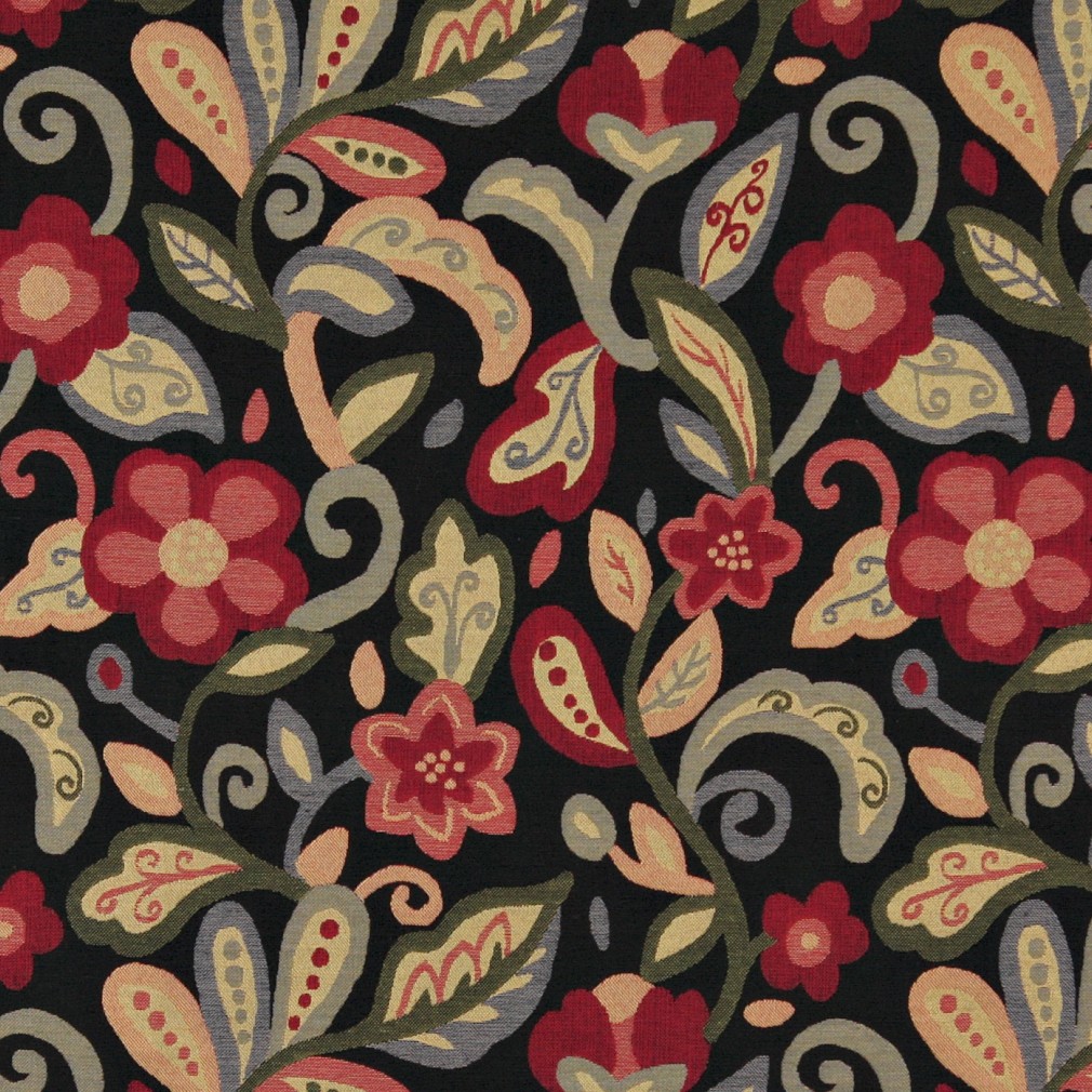 Green, Red, Orange And Black, Floral Contemporary Upholstery Fabric By The Yard 1
