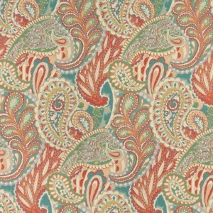 Orange, Teal, And Green Paisley Contemporary Upholstery Fabric By The Yard