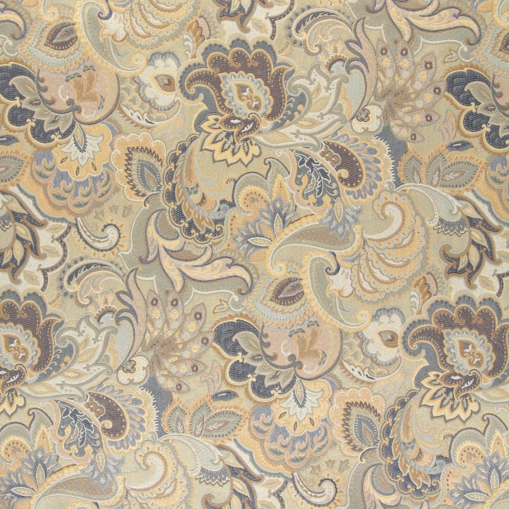 Blue, White And Gold, Abstract Floral Upholstery Fabric By The Yard 1