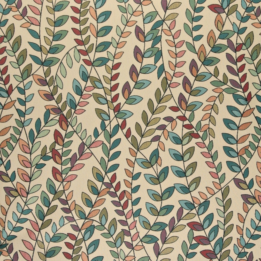 Teal, Green, Orange And Purple Leaves Contemporary Upholstery Fabric By The Yard 1