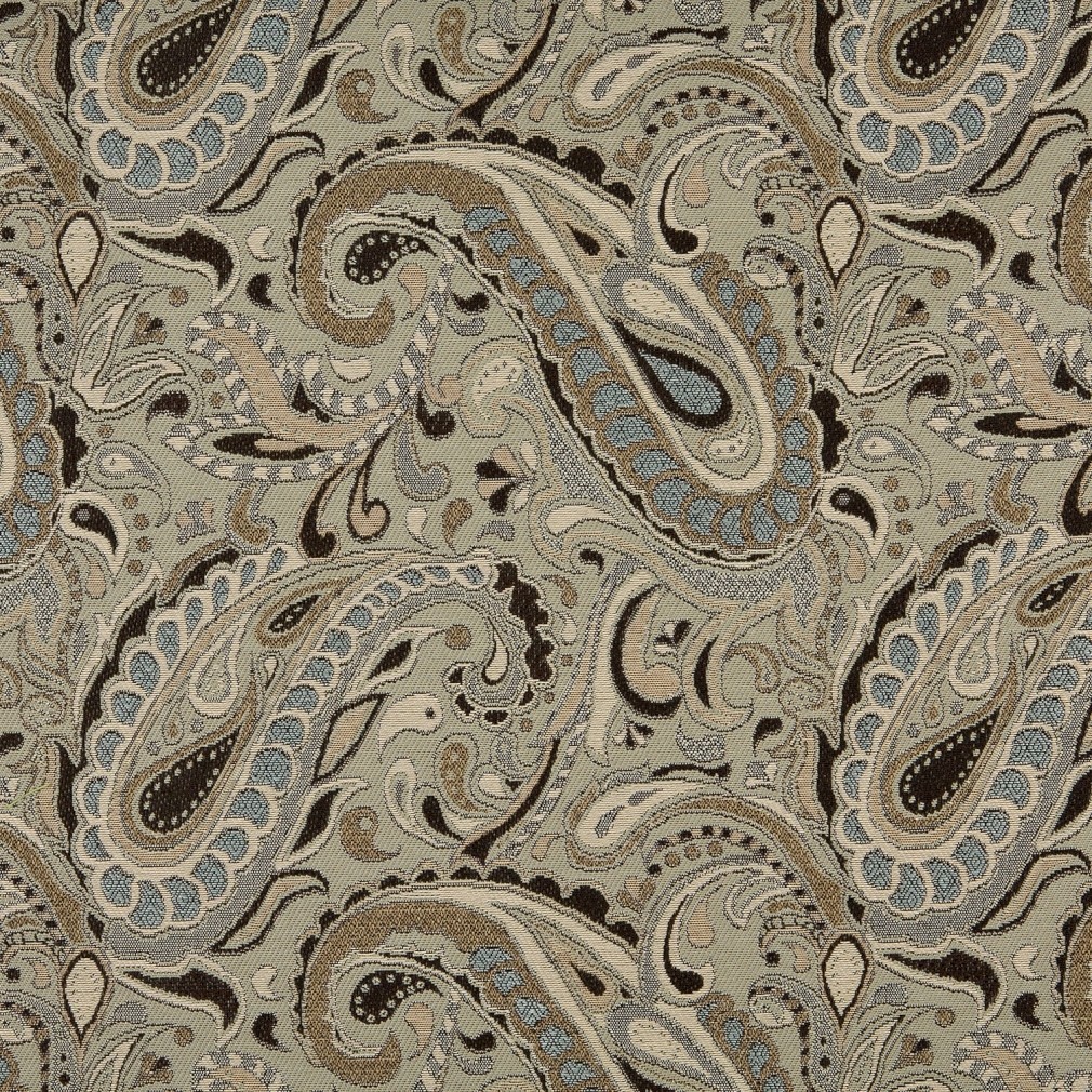 Brown, Beige, Blue And Tan Paisley Woven Outdoor Upholstery Fabric By The Yard 1