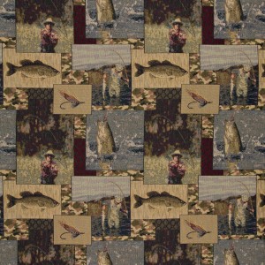 Fly Fishing Themed Tapestry Upholstery Fabric By The Yard