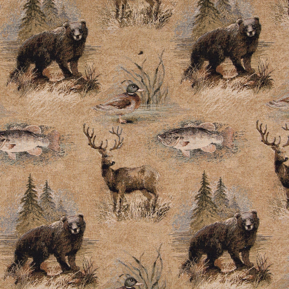 A026 Bears, Fish, Ducks And Deer Themed Tapestry Upholstery Fabric By The Yard 1