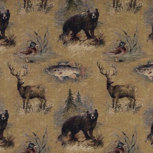 A027 Bears, Fish, Ducks And Deer Themed Tapestry Upholstery Fabric By The Yard