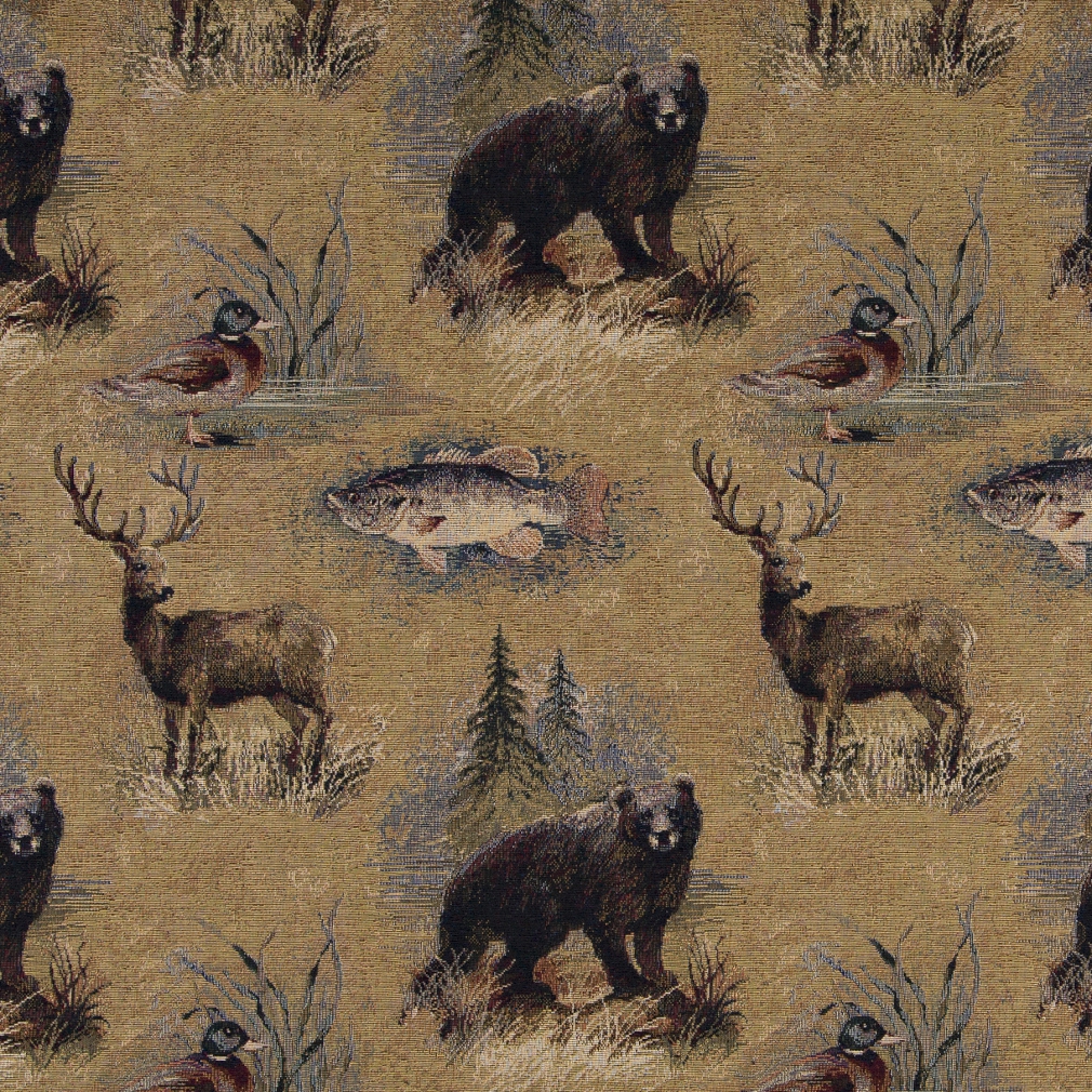 A027 Bears, Fish, Ducks And Deer Themed Tapestry Upholstery Fabric By The Yard 1