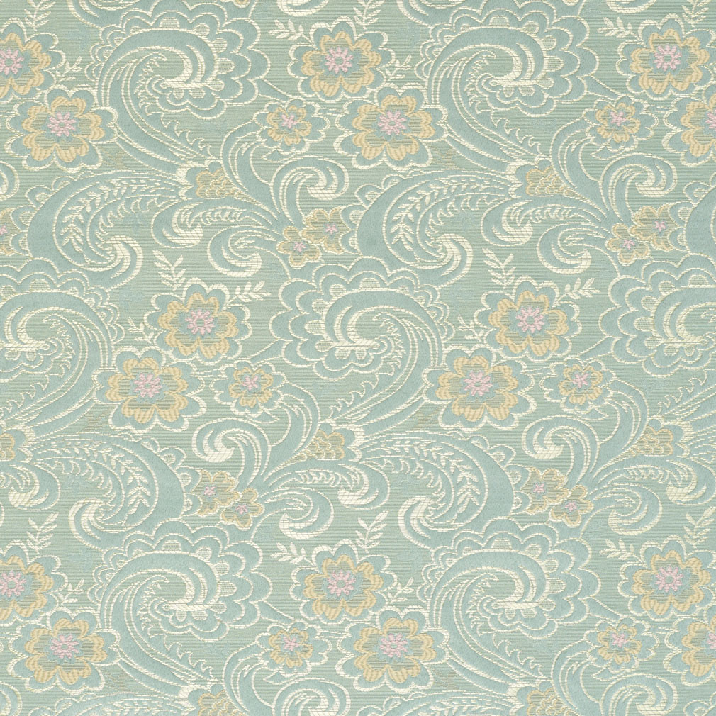 Gold, Pink And Blue, Paisley Floral Brocade Upholstery Fabric By The Yard 1