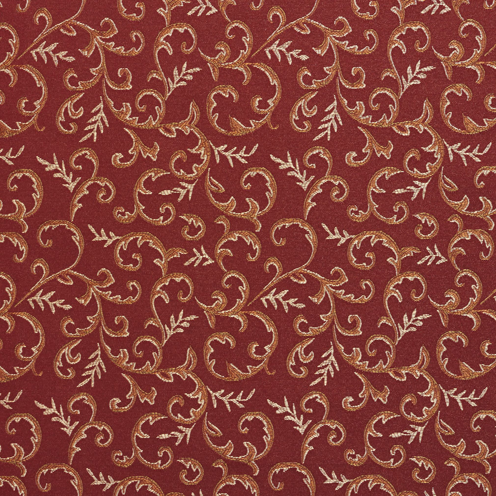 Red, Gold And Green Damask Abstract Floral Upholstery Fabric By The Yard