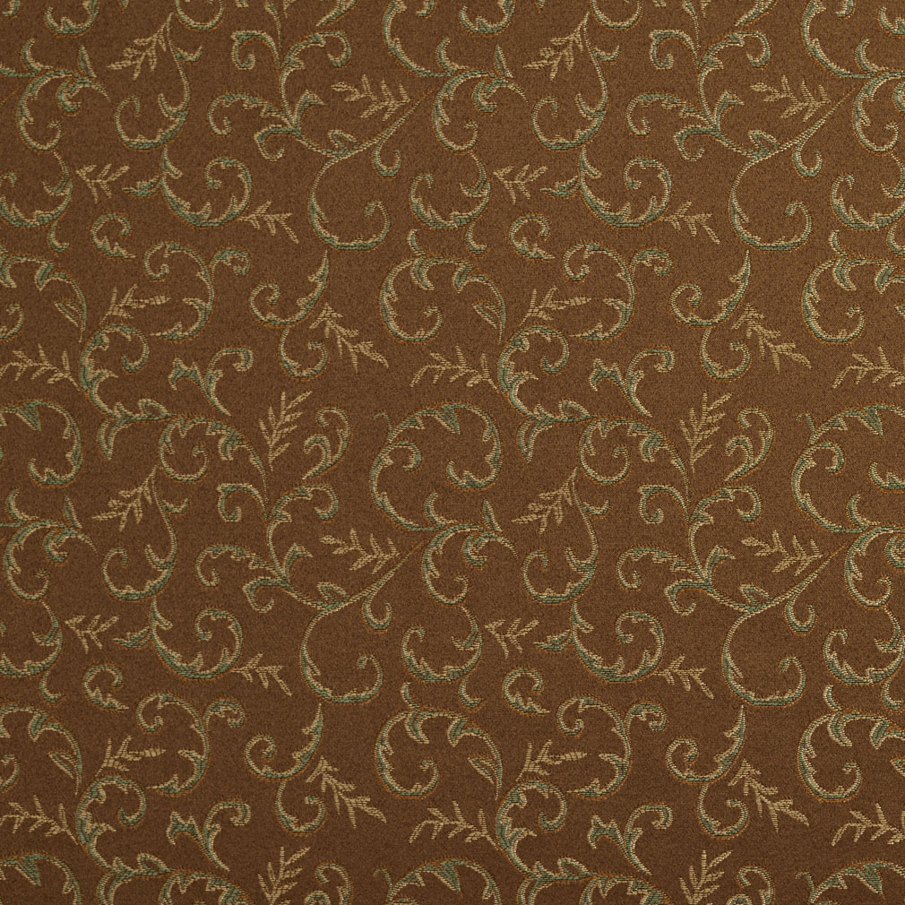 Brown, Green And Gold Damask Abstract Floral Upholstery Fabric By The Yard 1