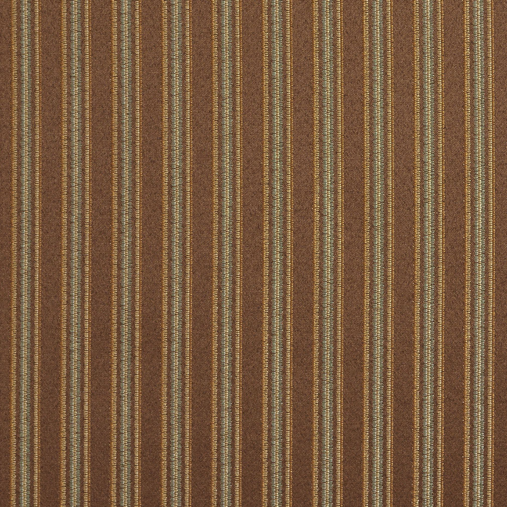 E654 Striped Brown, Green And Gold Damask Upholstery Fabric By The Yard 1