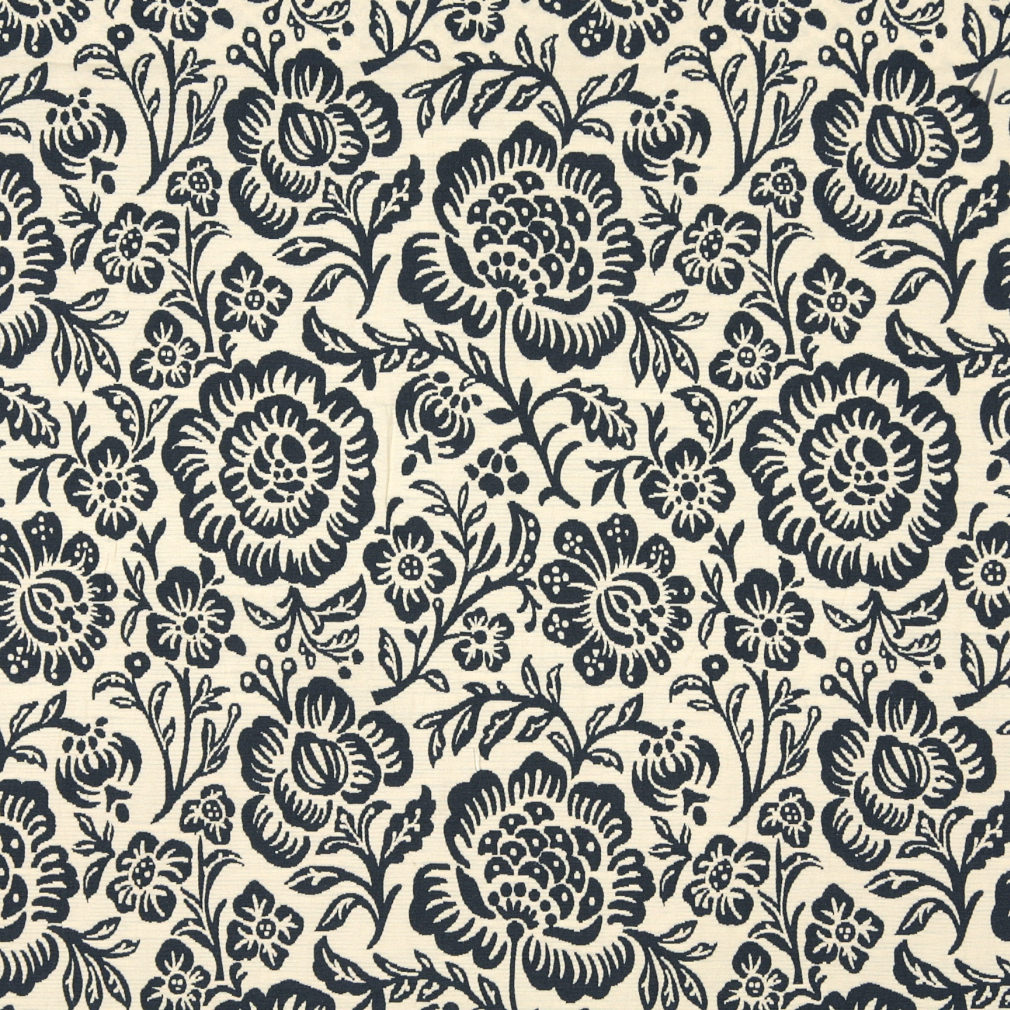 F407 Navy Blue And Beige Floral Reversible Upholstery Fabric By The Yard 1