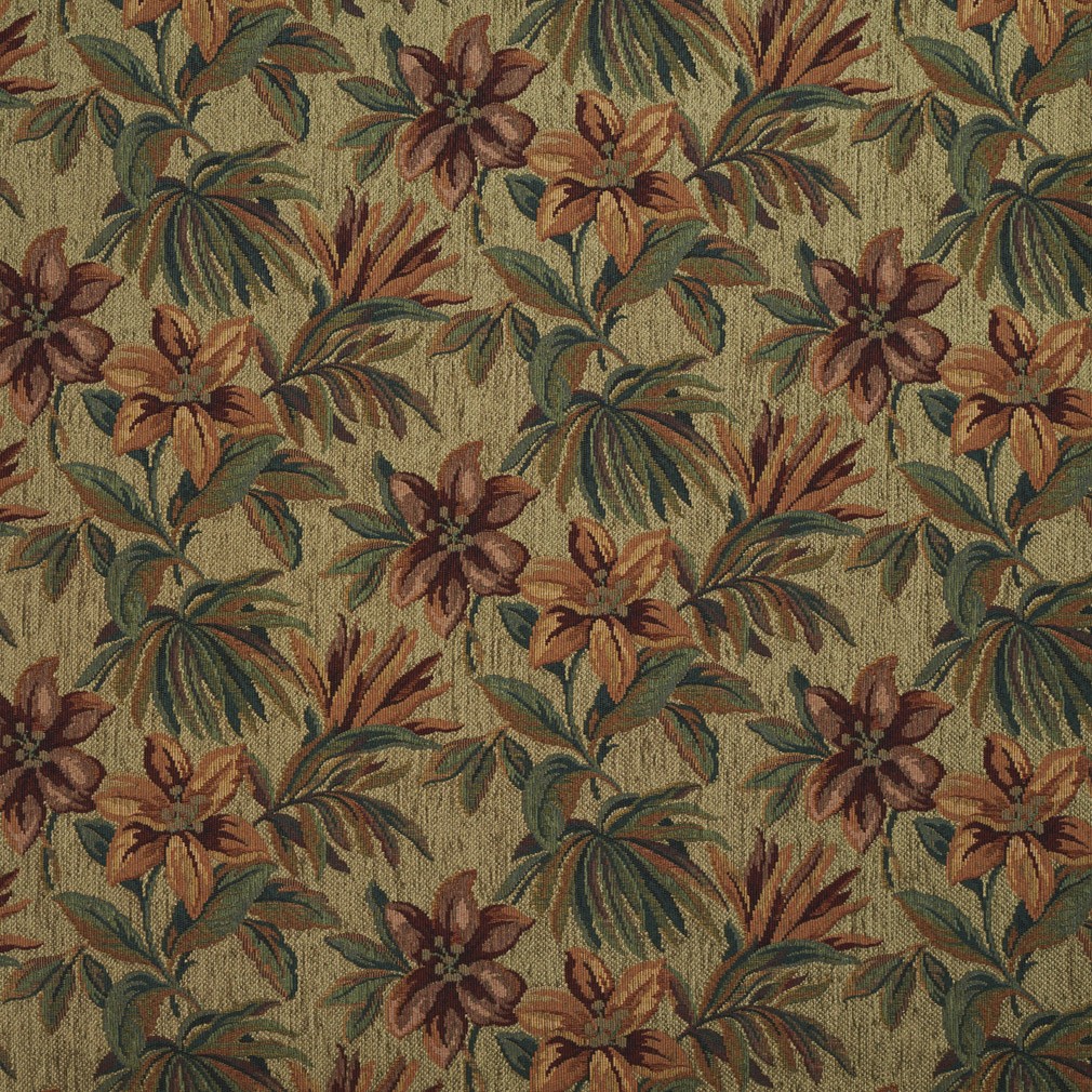 Green, Red And Orange, Floral Chenille Upholstery Fabric By The Yard 1
