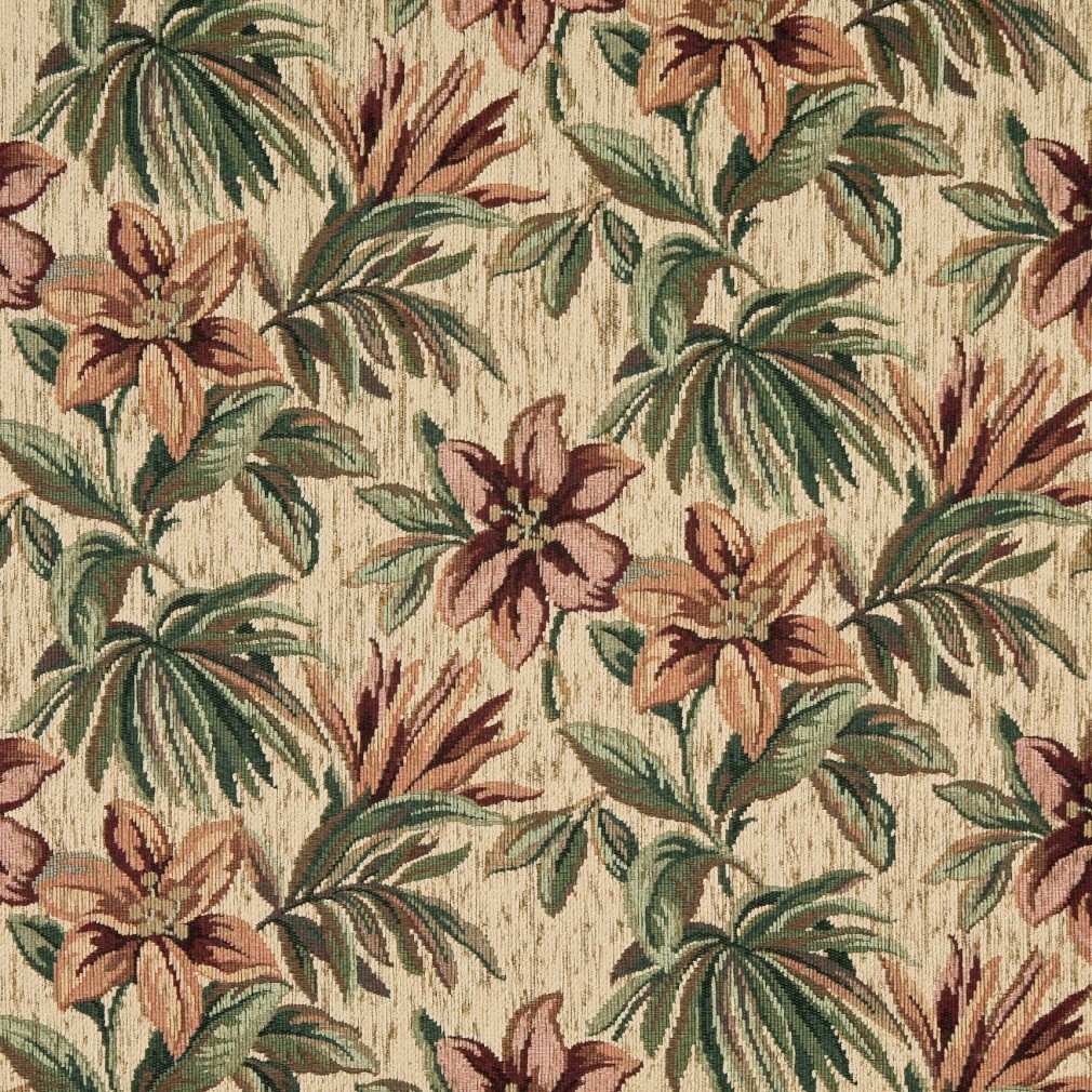 Red, Orange And Green, Floral Chenille Upholstery Fabric By The Yard 1