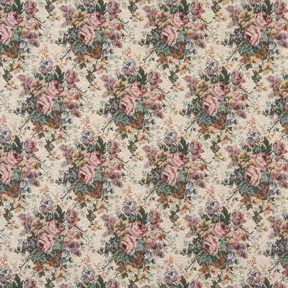 Pink, Green And Burgundy, Floral Bouquet Tapestry Upholstery Fabric By The Yard 1