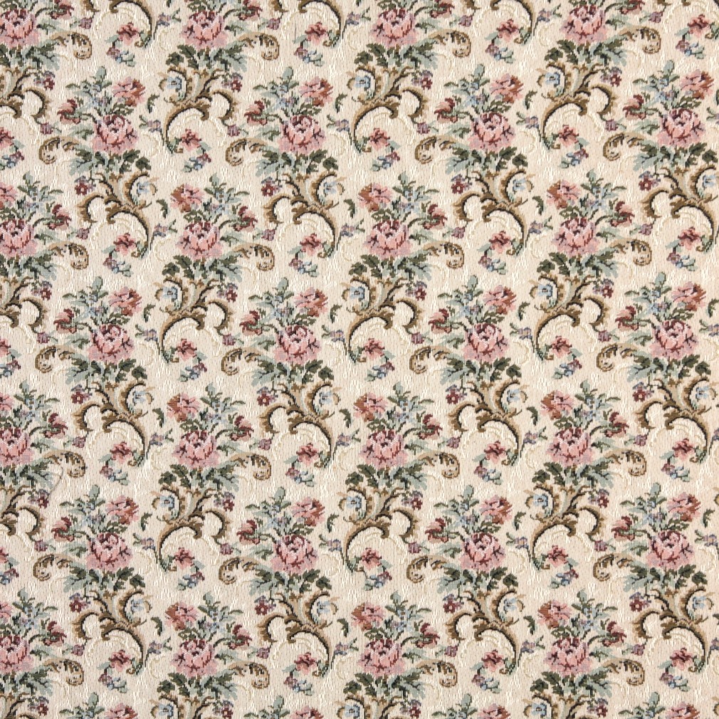 Pink, Beige And Green, Floral Tapestry Upholstery Fabric By The Yard 1