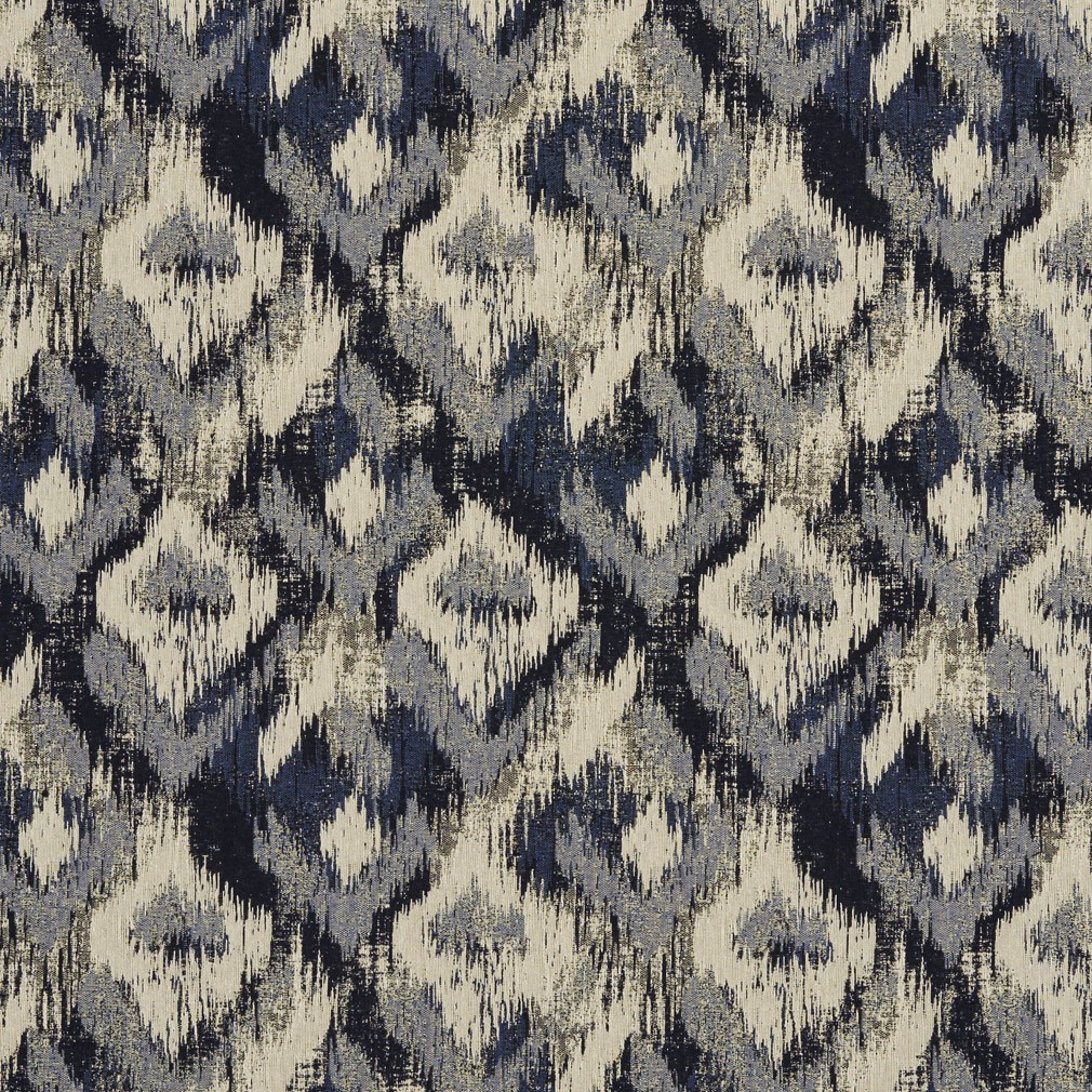 Navy, Blue And Ivory Ikat Woven Abstract Unique Upholstery Fabric By The Yard 1