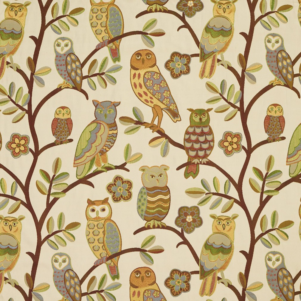 Gold, Copper and Green Owls and Branches Designer Upholstery Fabric By The Yard 1