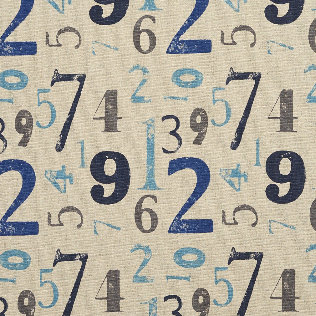 Teal, Blue and Taupe Numbers Novelty Upholstery Fabric By The Yard 1