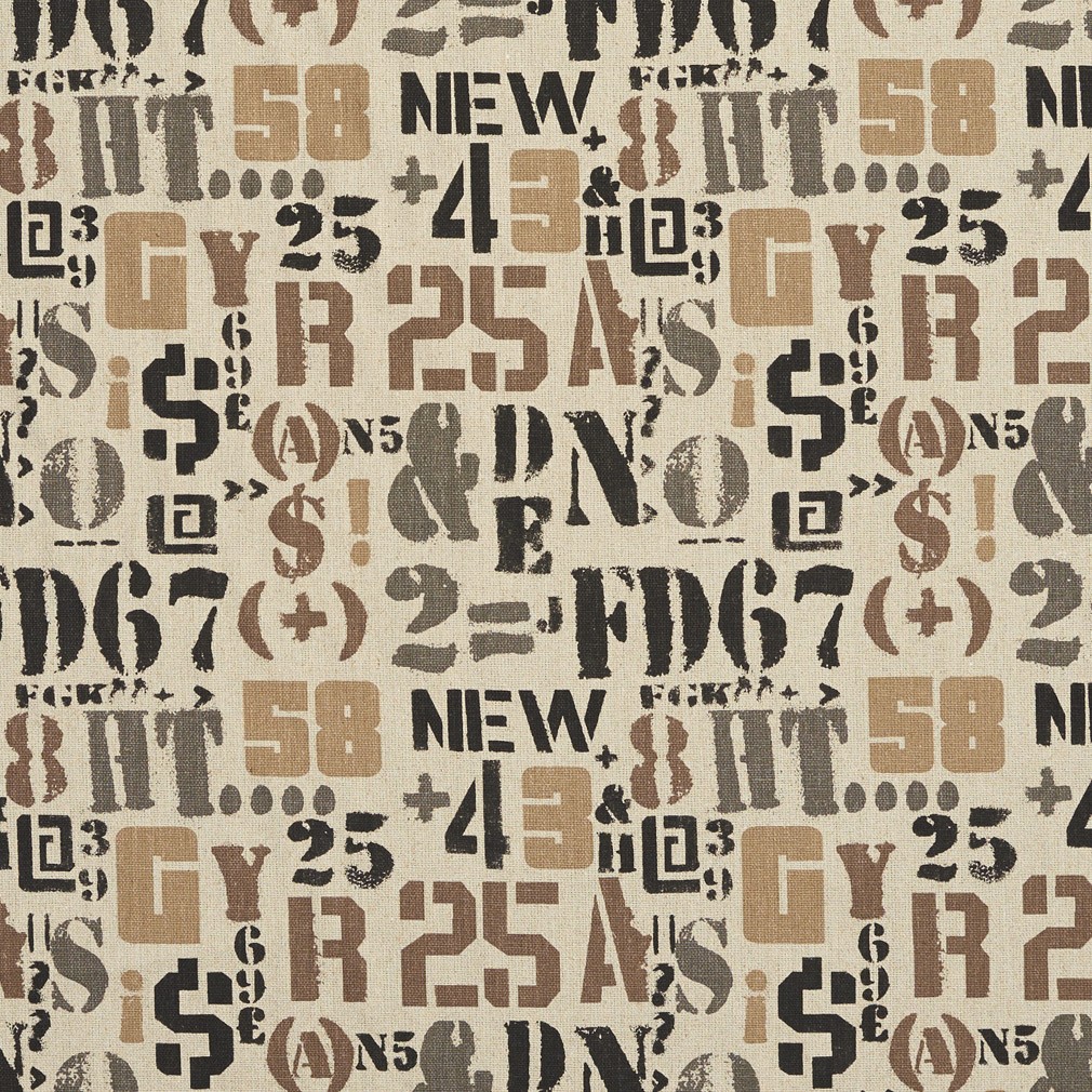 Taupe and Black Letters, Numbers and Symbols Woven Upholstery Fabric By The Yard 1