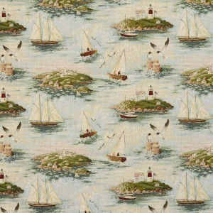 Lighthouse and Sail Boats Woven Novelty Upholstery Fabric By The Yard