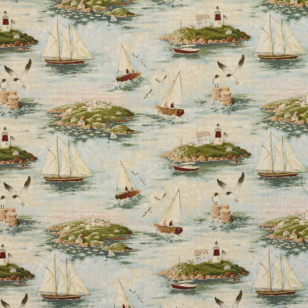 Lighthouse and Sail Boats Woven Novelty Upholstery Fabric By The Yard 1
