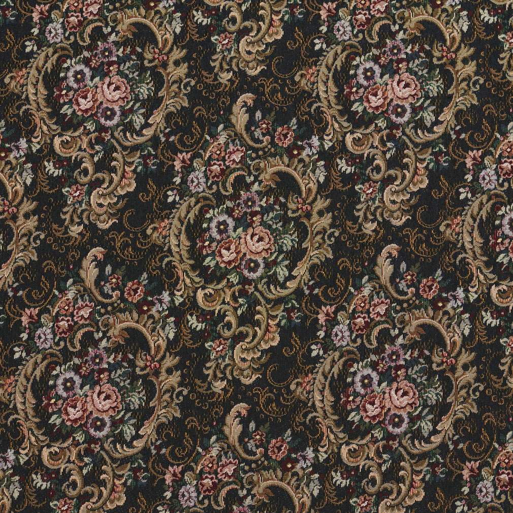 Navy, Gold And Burgundy, Floral Tapestry Upholstery Fabric By The Yard 1