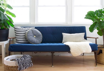 Sofa After Reupholstered in Blue Fabric