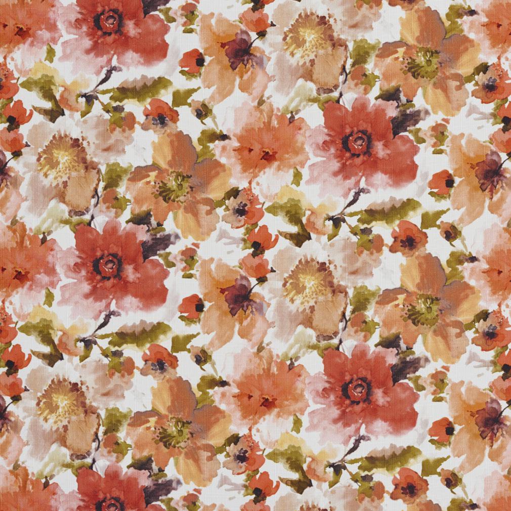 B0460C Orange and Green Large Floral Patterned Print Upholstery Fabric