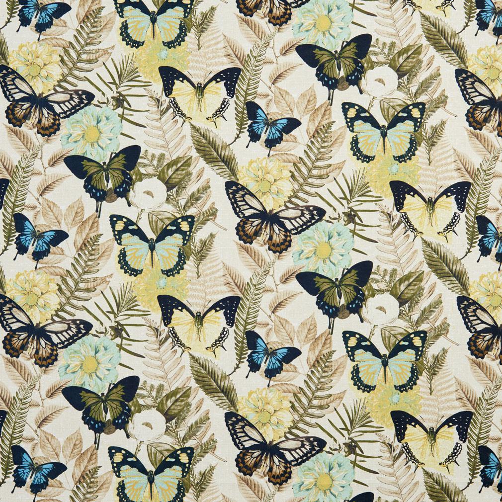 B0470B Yellow and Blue Large Butterflies Print Upholstery Fabric