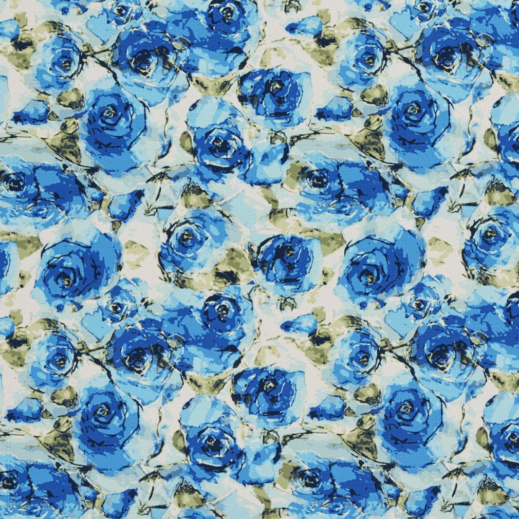 B0480B Blue And Green Roses Print Upholstery Fabric