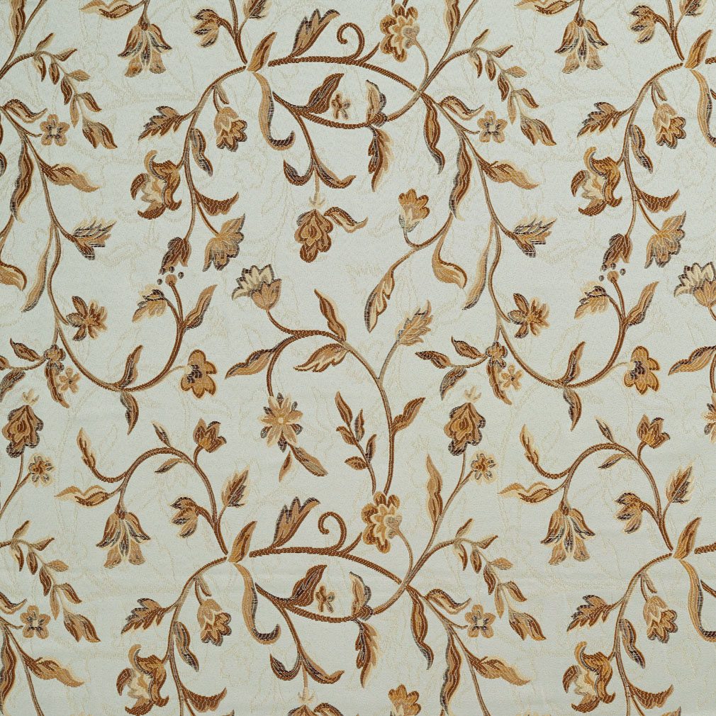 A0011A Light Blue Gold Brown And Ivory Floral Upholstery Fabric